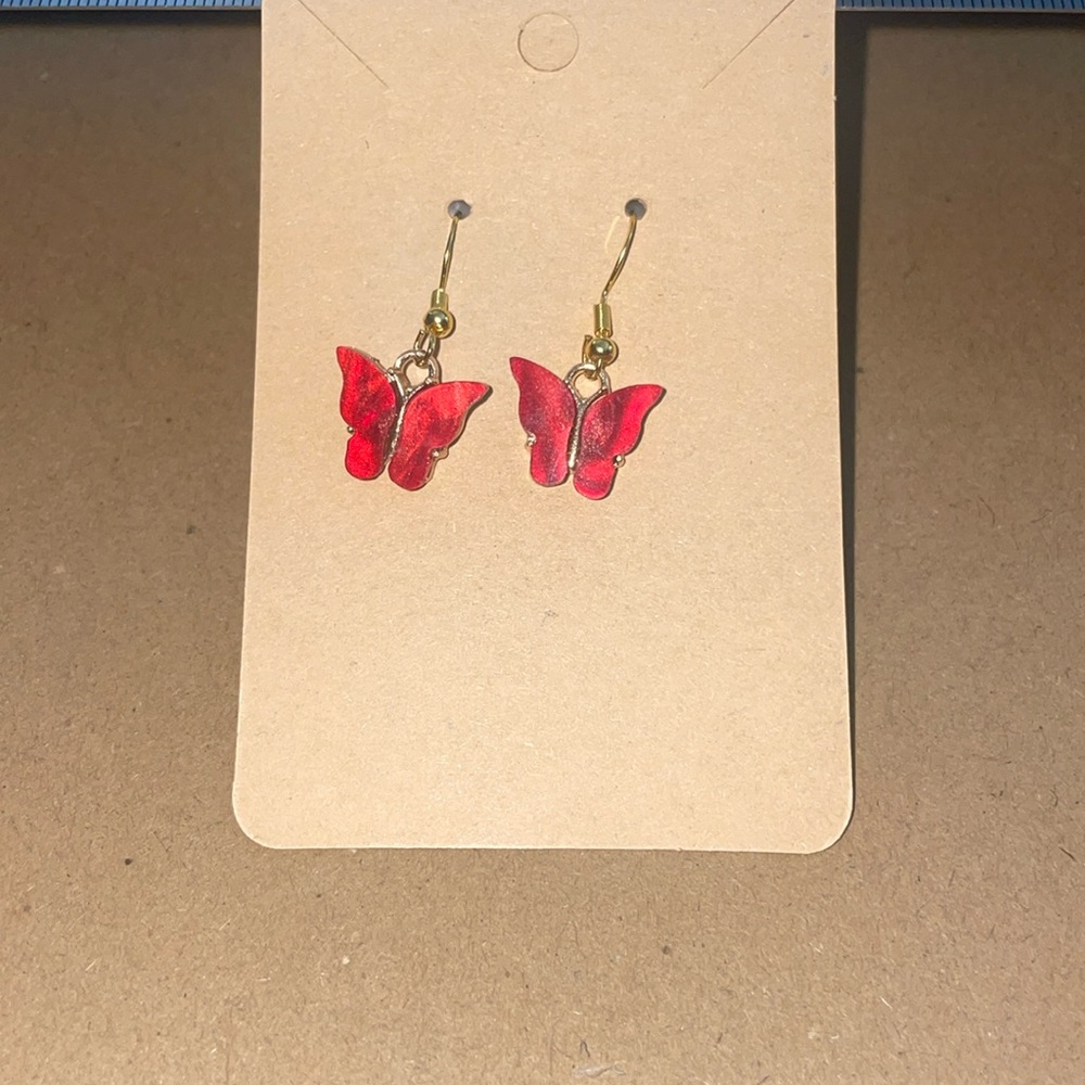 Red butterfly homemade gold earrings with plastic backings